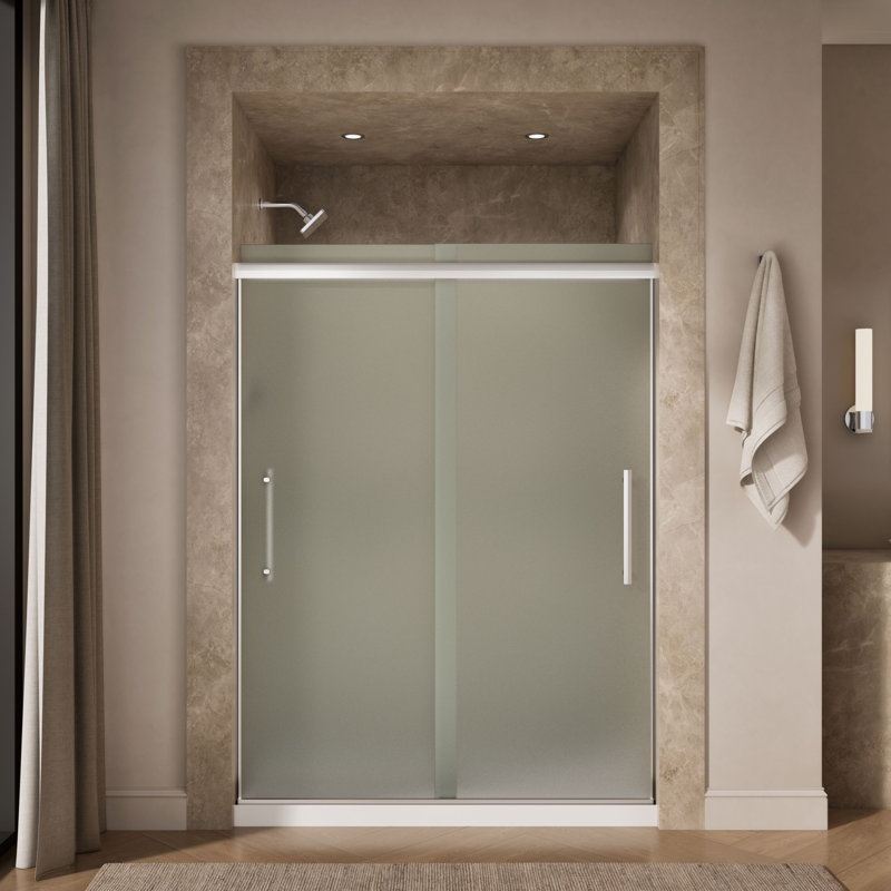 Pleat Frameless Sliding Shower Door, 79-1/16 In. H X 54-5/8 - 59-5/8 In. W, With 5/16 In. Thick Frosted Glass, Silver