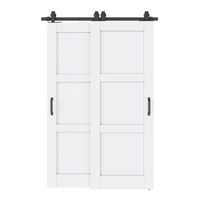 52" x 96" Height 3-Paneled White Primed Solid Core Sliding Bypass Barn Door Double Doors with Hardware Kit