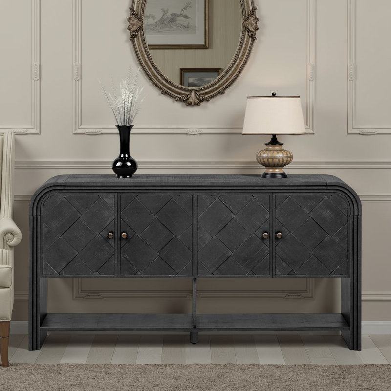 Elegant Woven Wood Console Table – Versatile Storage Solution with Solid Wood Veneer & Step Design, Black