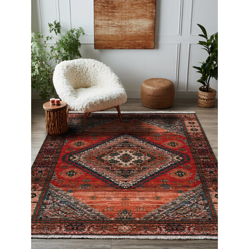 Tapis en mélange de coton et polyester à imprimé numérique Jateen - rouge, Rond 3 pi 4 po