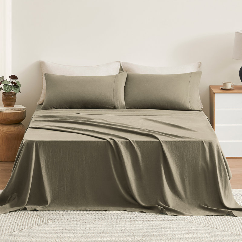 TOSMO Pure Linen Sheets, Twin Sheet Set with 1 Pillowcase, Taupe