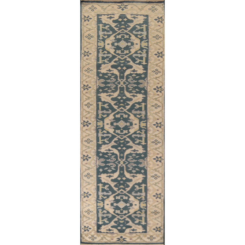 Tapis de couloir oriental fait à la main bleu sarcelle Oushak 3 x 10