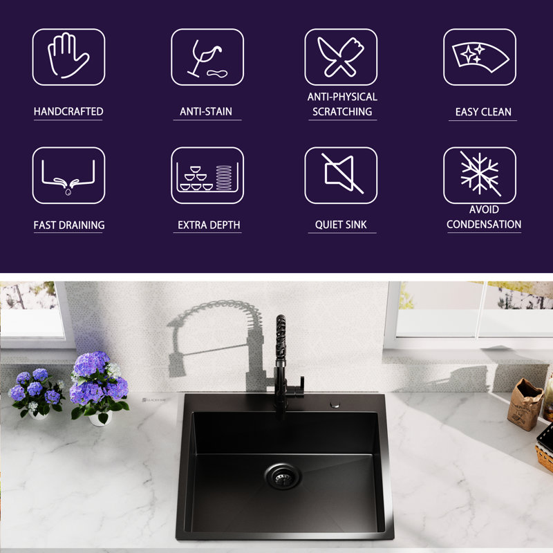 304 Stainless Steel Gunmetal Black Kitchen Sink 25X22inch - Drop-In Setup, Steel, Type, Hygienic