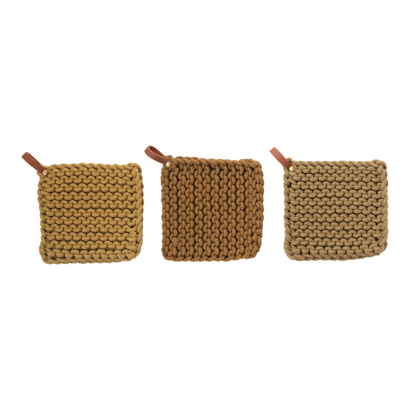 Hand-Crocheted Cotton Pot Holders with Leather Loops, Set of 3