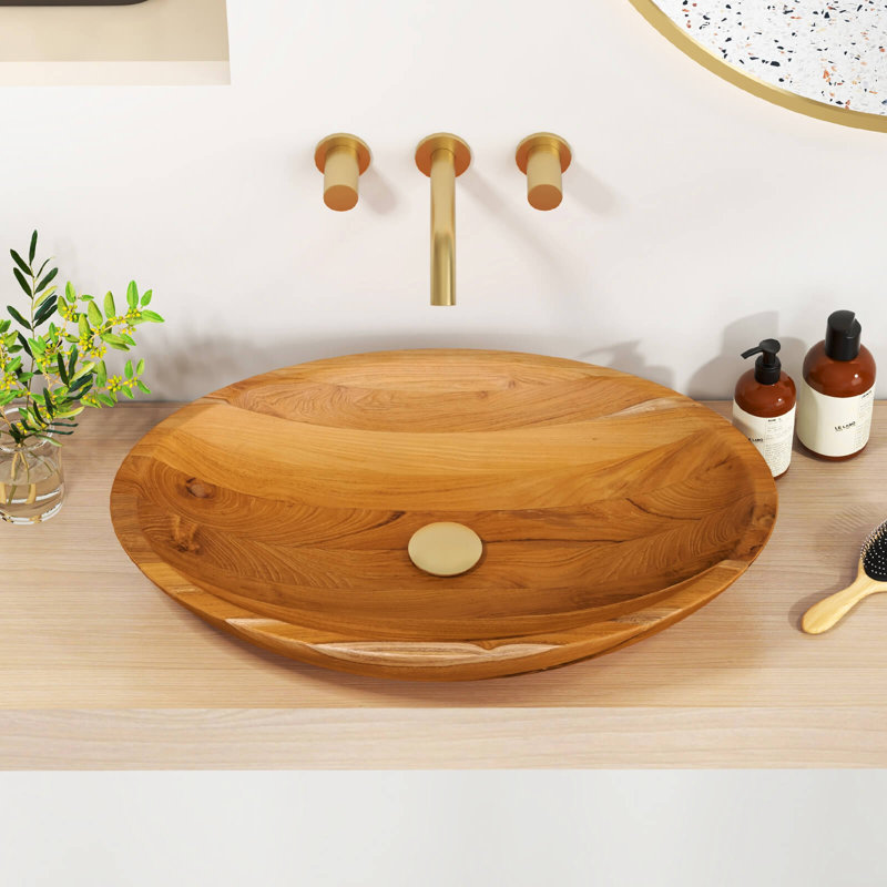 23.5" X 16" Vessel Sink Teak Wood Washbasin With Drainage Hole & Smooth Finish