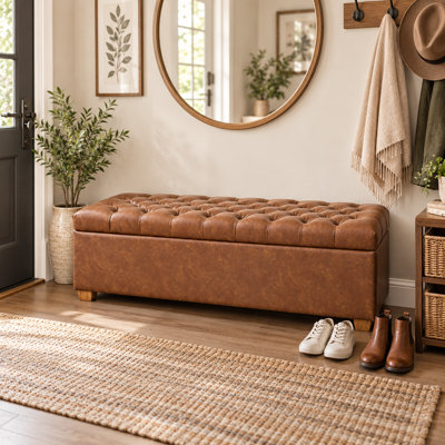 Banc de rangement 60 po, banc de rangement de bout de lit, banc ottoman rembourré en tissu chenille avec charnière de sécurité pour salon, entrée, chambre, couloir, marron