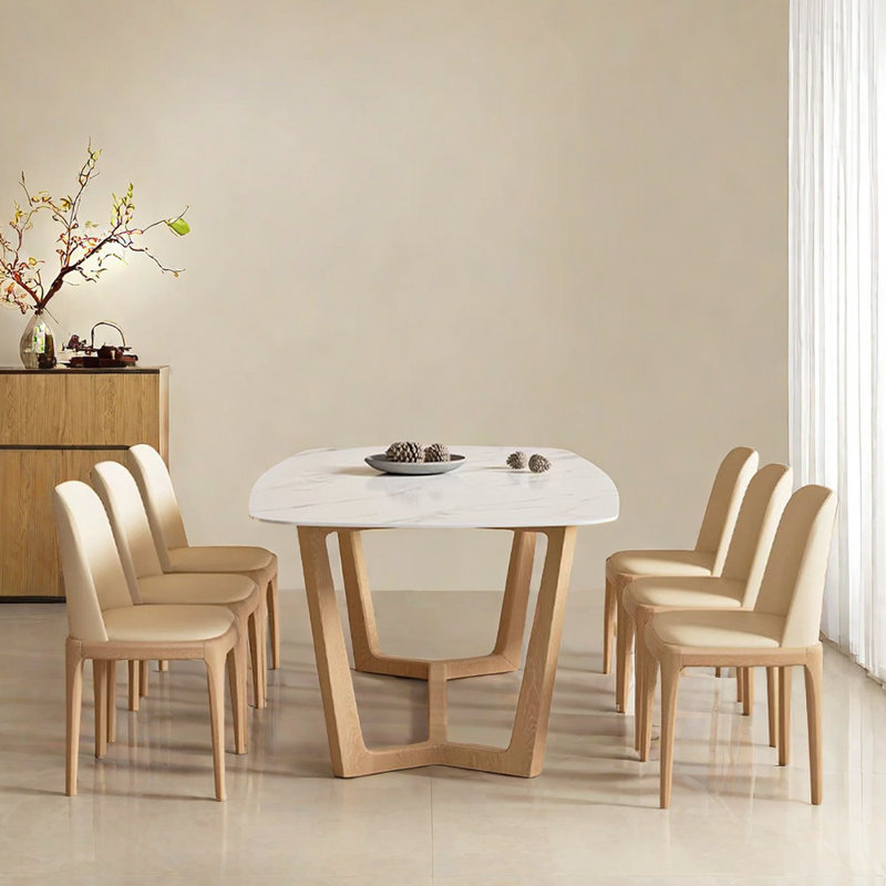 Modern Solid Wood Rock Plate Dining Table Chair 6 - Person Trestle Dining Set, 29.5"H x 70.8"L x 35.4"W