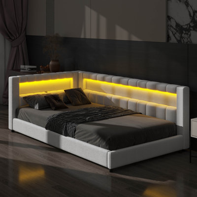 Chic Fabric-Covered Twin XL Platform Bed With Convenient USB Connectors And Sleek LED Strip