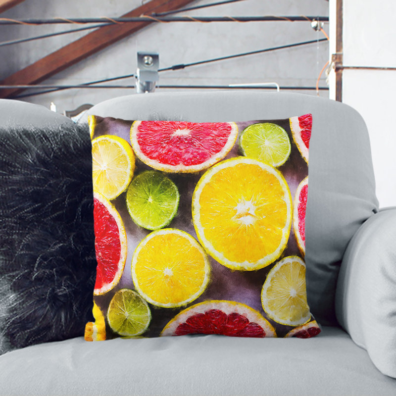 Sliced Citrus Fruits Painting Cushion with Filling, 40cm H x 40cm W x 15cm D, White