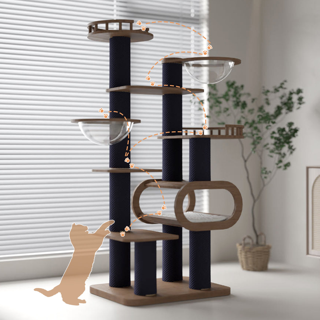 KZLAA 70.9"H Black Large Solid Wood Cat Tree MultiLevel Tall Cat Tower