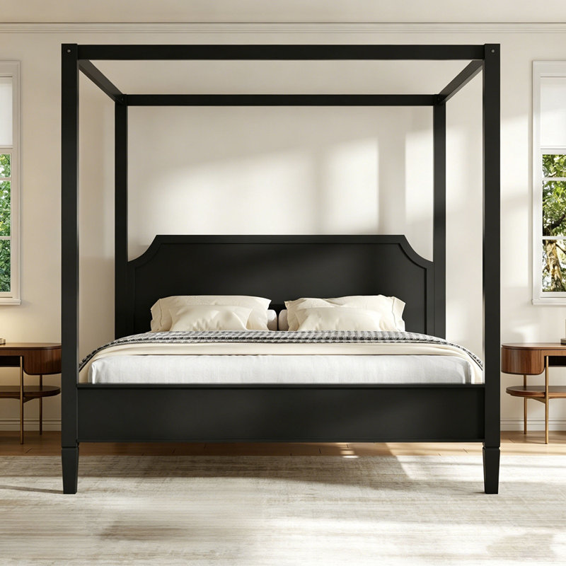Lit plateforme à baldaquin en bois avec tête de lit et pieds de support, Noir, Très grand lit