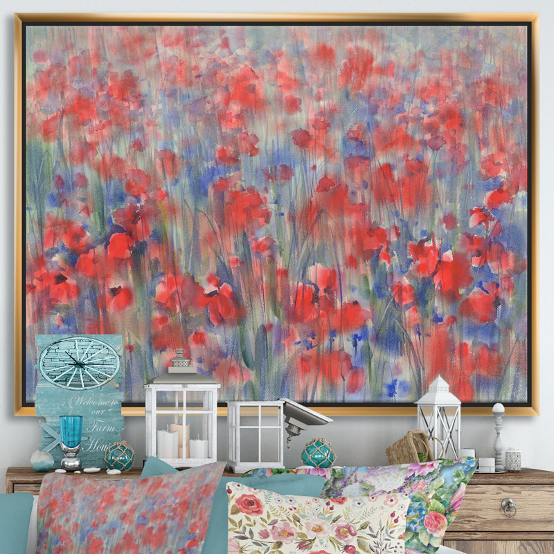 «Poppy Flower Fields Forever I», reproduction d'art sur toile, H 24 po x l 32 po x P 1 po, Toile encadrée dorée