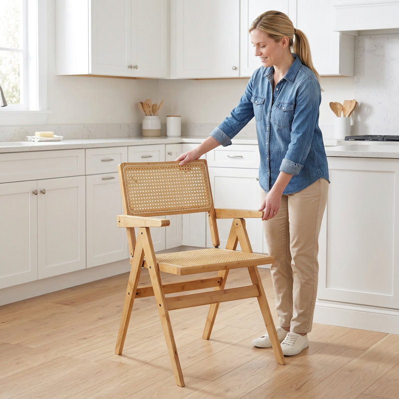 Bamboo Folding Chairs Lightweight And Sturdy Space Saving Design No Assembly Required Comfortable Breathable Backrest And Armrests  For Dining Room Balcony Or Cafe Available In Three Colors | 1Pc