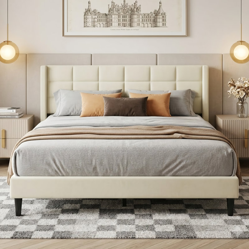 Base de lit plateforme grand avec tête de lit tapissier à oreilles, Beige, Grand lit