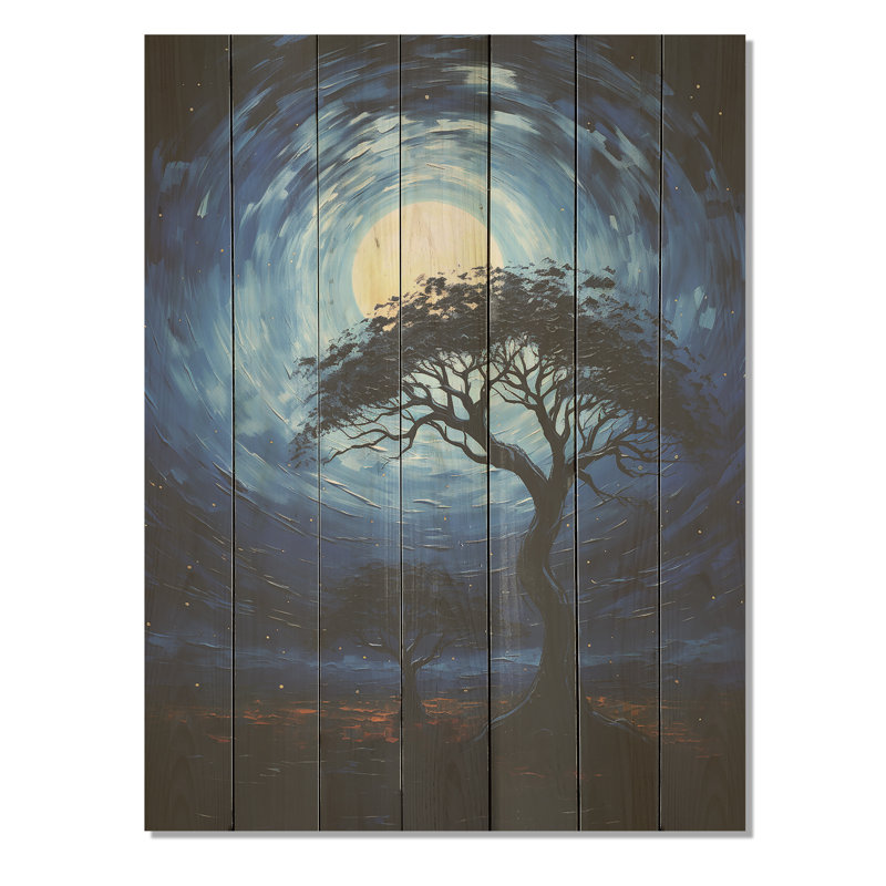 Blue Serengeti Tree III - Arbre africain sur bois, H 20 po x l 10 po