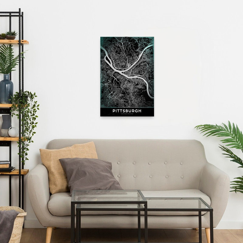 Modern Pittsburgh City Map Retro Vintage City Architecture Wall Art Print 1 Piece Wrapped Canvas Wall Art