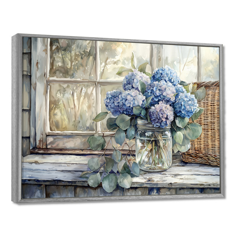 Art mural sur toile, "Hortensias et eucalyptus I" de Dorcy, Argent argent, H 34 po x l 44 po, Impression encadrée flottante