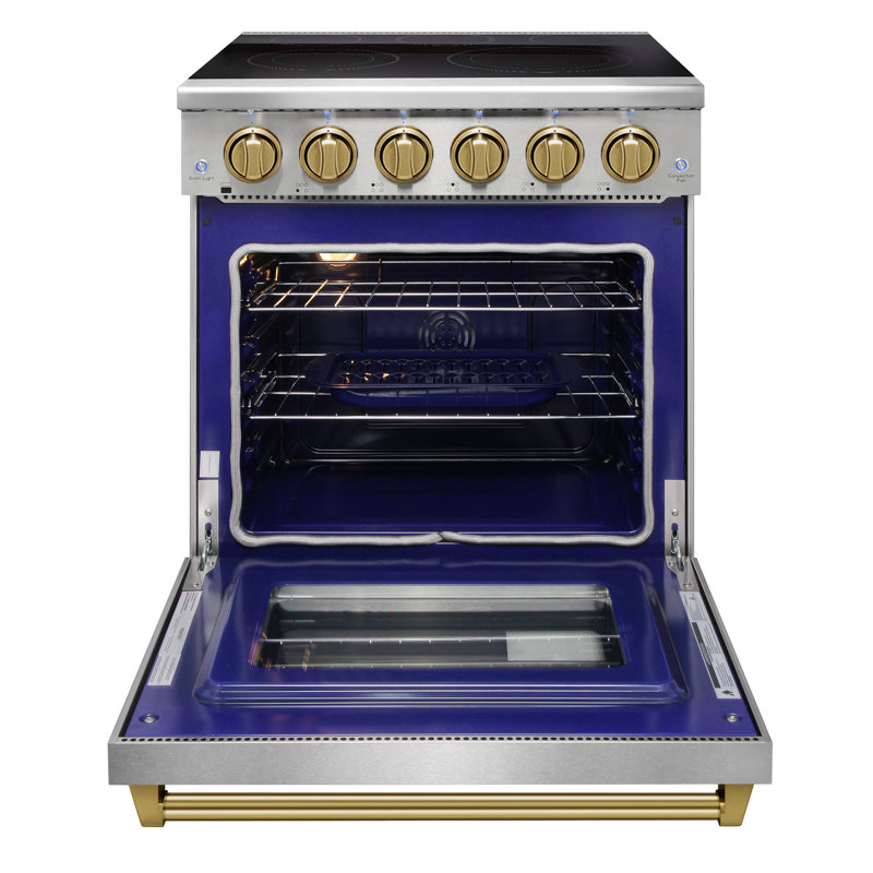 Cuisinière électrique professionnelle de 30 po avec 5 éléments chauffants Kostch, capacité de four à convection de 4,55 pieds cubes, surface de cuisson en verre lisse en acier inoxydable avec accents bronze