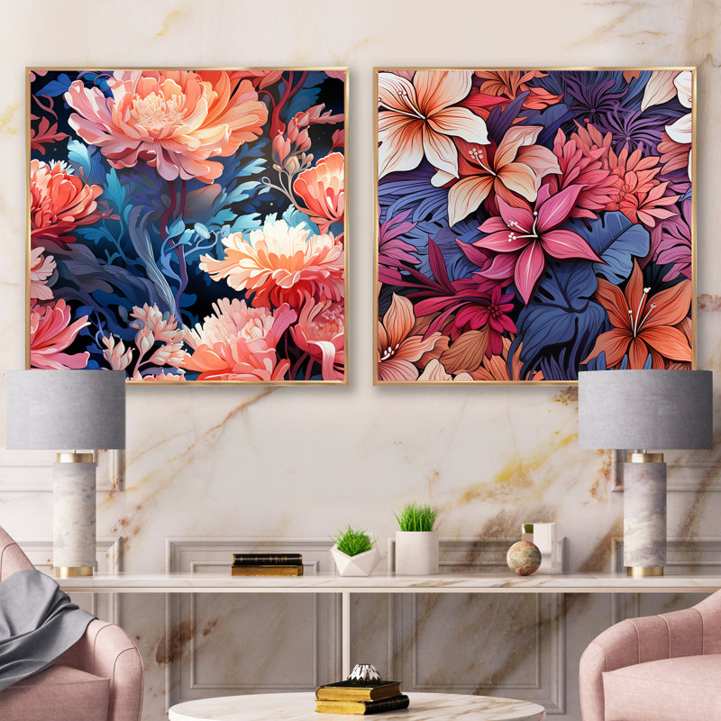 Coral Mirage - motif tropical II - ensemble de 2 collages carrés floraux, H 16 po x l 33 po, Cadre flottant doré