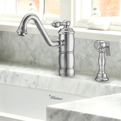 Whitehaus 9.5" solid brass deck mount single-hole kitchen faucet with lever handle and side spray