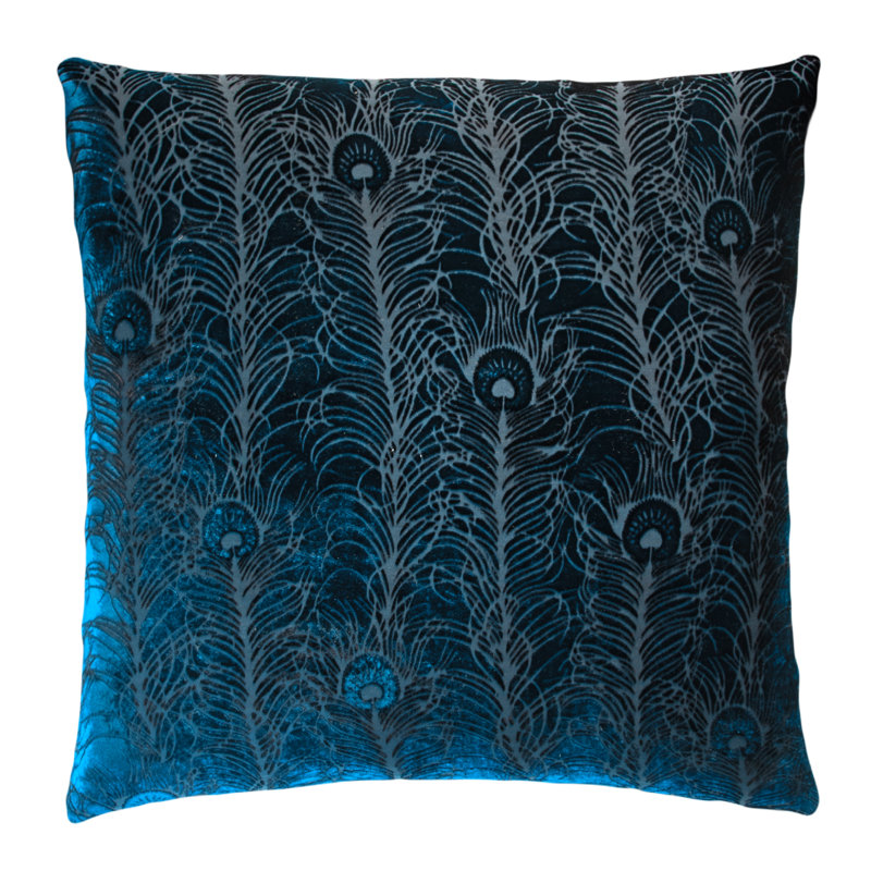 Peacock Feather Square Velvet Pillow Cover & Insert, Cobalt Black, Square 18"