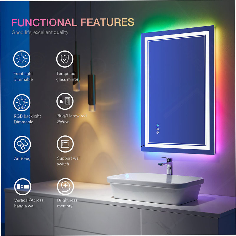 Miroir de salle de bain sans cadre à DEL, miroir intelligent, rétroéclairage RVB, 36 po x 30 po
