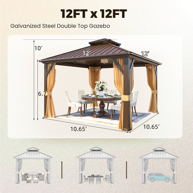 12' X 12' Hardtop Gazebo, Aluminum Frame Gazebos With Galvanized Steel Double Roof, Permanent Outdoor Metal Pavilion With Curtain & Netting For Patio, Lawn, Deck