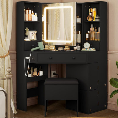 Bureau de meuble-lavabo avec lumières miroir, banc de rangement et prise de courant, meubles-lavabos d'angle avec armoire tournante et tiroirs, ensemble de meuble-lavabo à 3 lumières, pour femmes filles