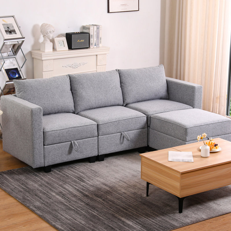 Petit fauteuil modulaire modulaire en forme de L 3 places convertible, 4 sièges, toile de jute gris aube, 87 po de profondeur, 57 po de largeur, 29 po de hauteur, 175 lb de poids, plusieurs configurations de module, rangement pour chaque siège, doux