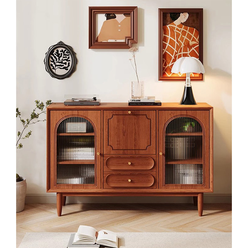 Scandinavian-style Solid Wood Multi-function Sideboard, 37.4" H x 63" W x 15.7" D, Brown
