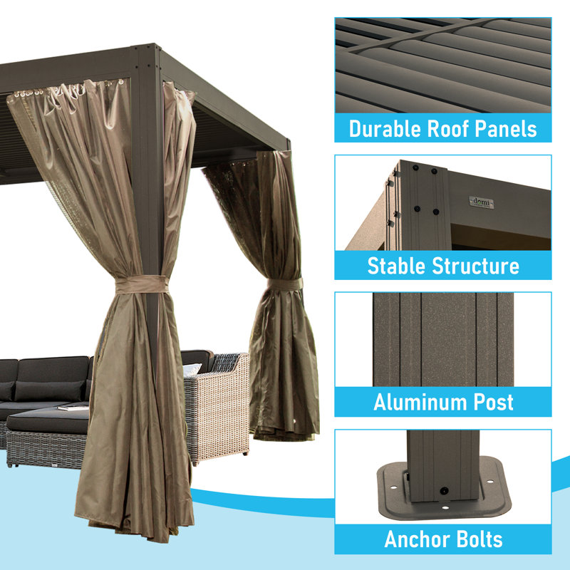 13 ft. x 10 ft. Aluminum Pergola with Adjustable Roof, Curtains & Netting, Brown