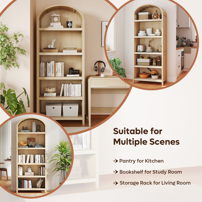 Onetha 76''H Curved Arch 5-Shelf Bookcase, Brown
