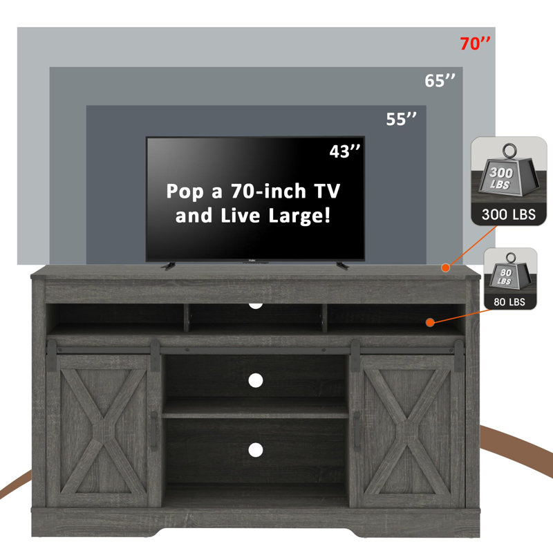 Meuble télé pour téléviseur de 65 po ou moins avec 2 portes de grange coulissantes