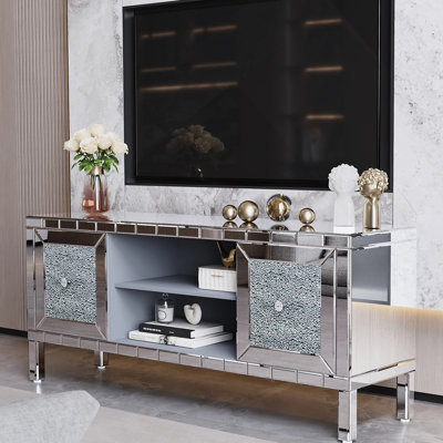 60" Mirrored TV Stand With Crushed Diamond Glass Doors - Modern Media Entertainment Center For Living Room, Adjustable Storage TV Console Table For 65-Inch TV