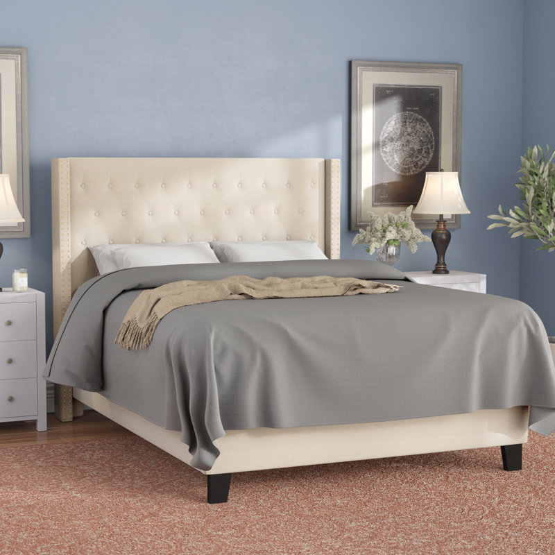 Aluino Tufted Upholstered Platform Bed w/ Accent Nail Trimmed Extended Sides, Beige, King