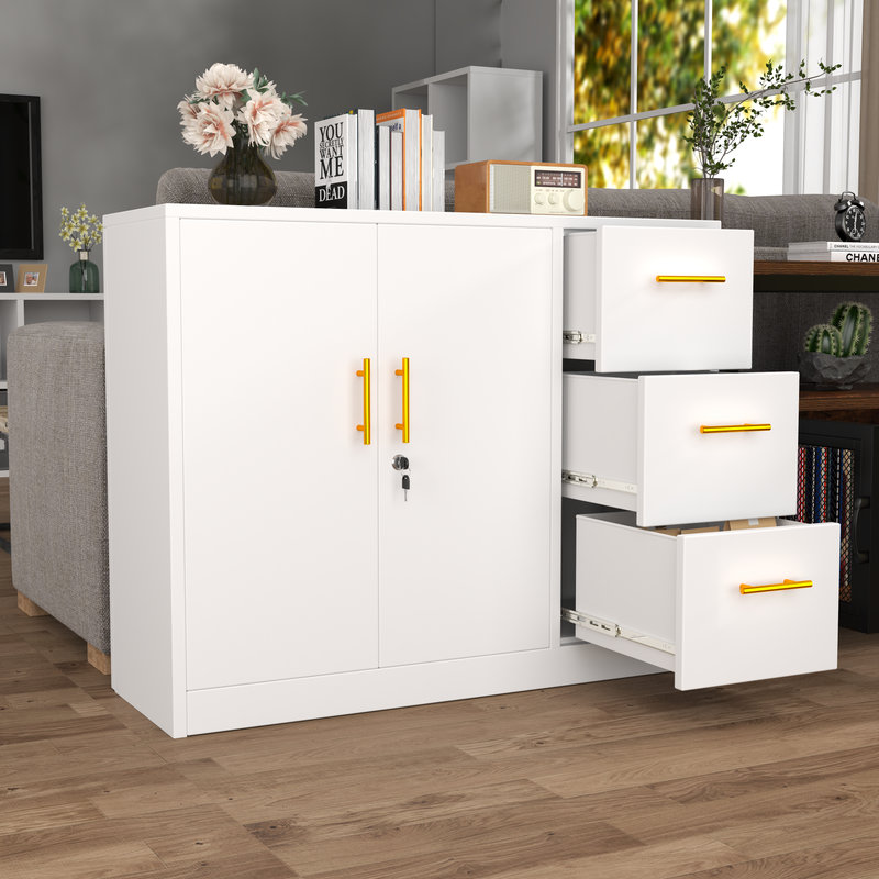 White Metal Sideboard Buffet Cabinet with Gold Handles