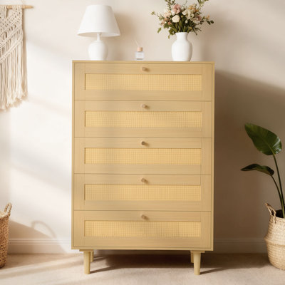 5 Drawer Rattan Dresser, Modern Closet Dresser for Bedroom, Natural Rattan Chest of Drawers with Metal Handles & Wooden Legs, Chest Clothing Organizer