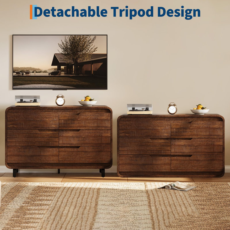 47" Wide 6 Drawer Wood Dresser with Handleless & Detachable Legs, Modern Storage Chest, Walnut