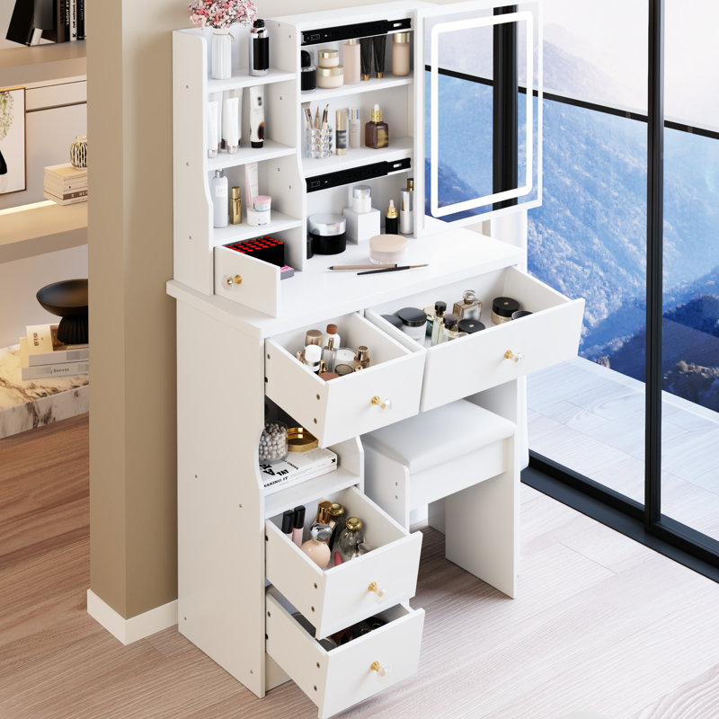 Small - Sized Vanity Table With 29.2" Left Drawer, Cushioned Stool, Touch Operated Tri Color Brightness Adjustable Led Mirror, Ideal For Little In Bedrooms Drawer Desktop And Controlled Switching,