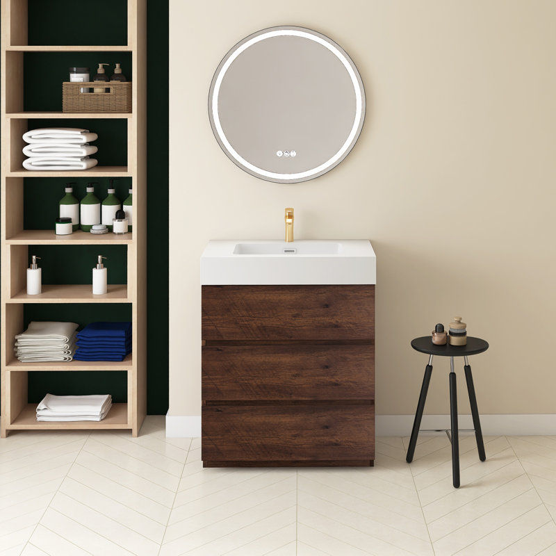 Romen 29.9'' Single Bathroom Vanity with Quartz Top, Walnut, White