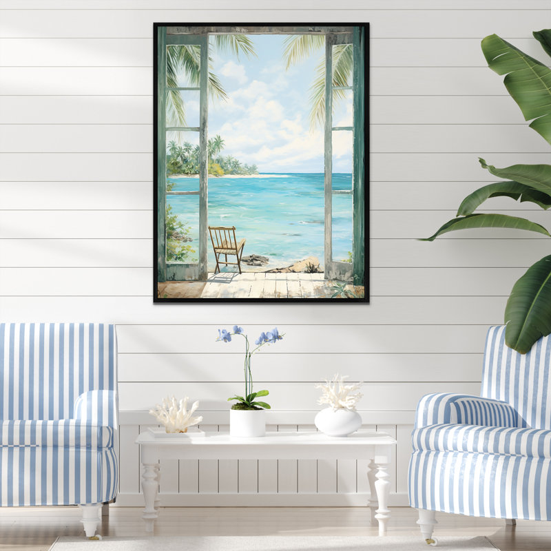 Windows at the beach II - Coastal Windows, reproduction d'art encadrée, Cadre flottant noir, 32" H x 24" W