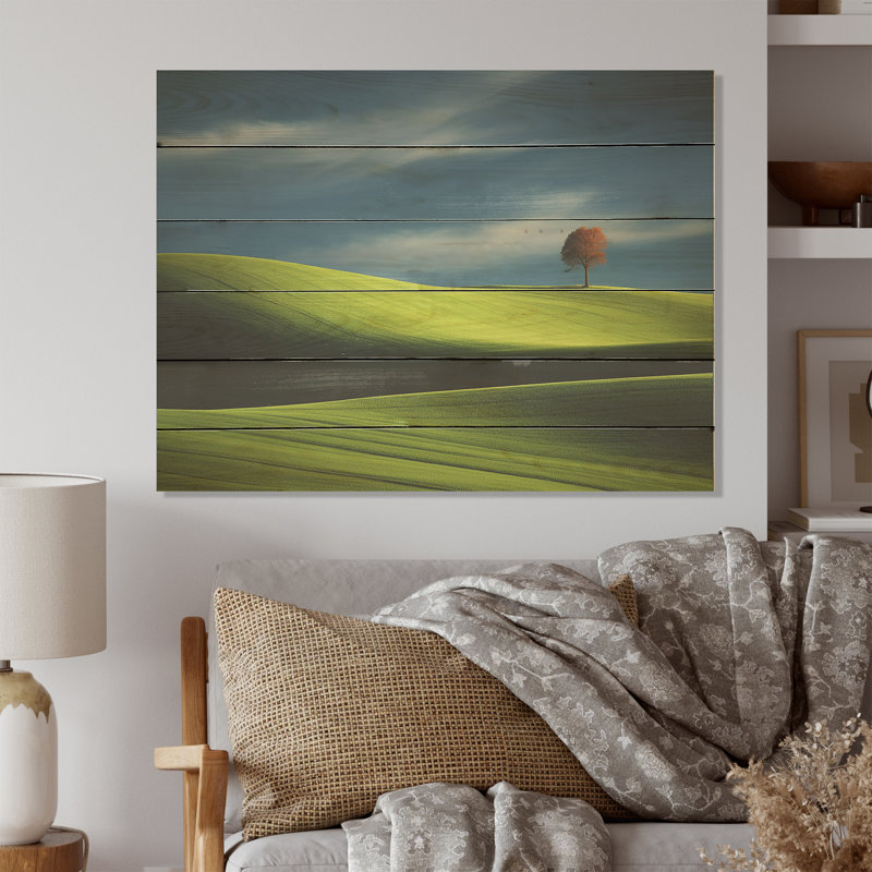 Green Monochrome Meadow Photo I - Meadow Wood Art On Natural Pine Wood, 30" H x 40" W