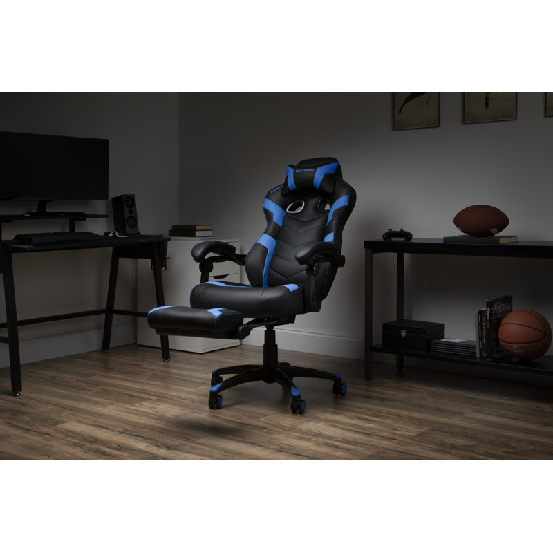 Blue and Black Ergonomic Gaming Chair with Footrest