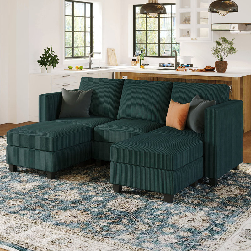 Canapé modulaire en U avec rangement Vevey, Velours côtelé vert