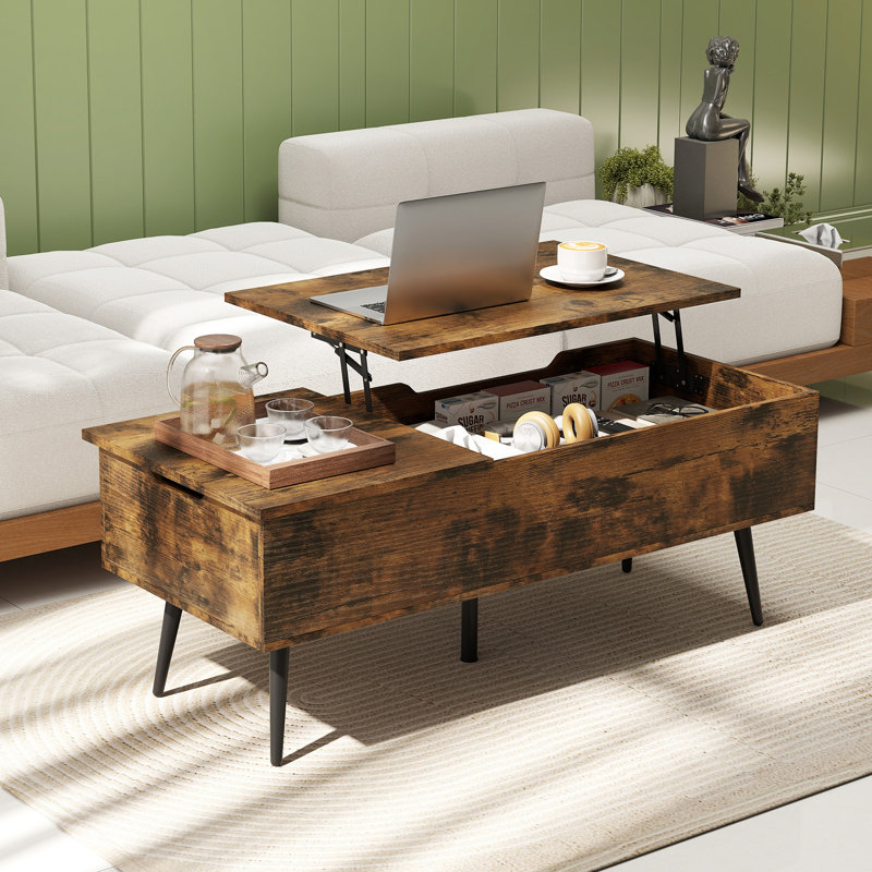 Lift Top Coffee Table w/ Split Top & 2 Hidden Compartments Tapered Metal Legs, Brown Top/Black Base