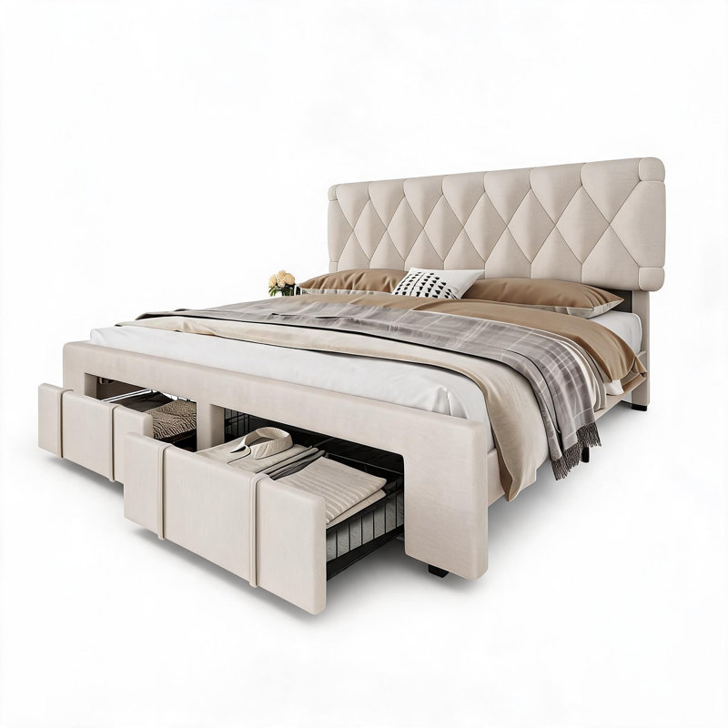 Structure de lit plateforme tapissier avec 2 tiroirs de rangement à roulettes, tête de lit rembourrée en mousse haute densité, support de lattes en bois silencieux, aucun sommier requis