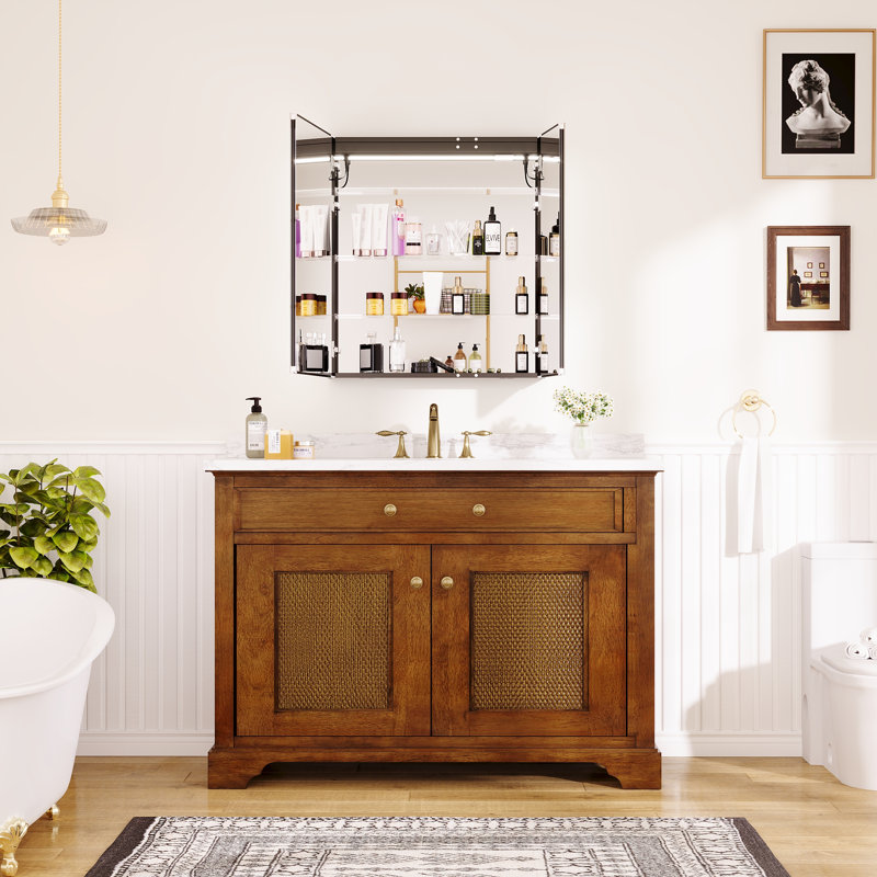 Armoire à pharmacie DEL avec miroir lumineux, température de couleur réglable sur 5 niveaux, antibuée, ports USB, montage encastré ou en saillie