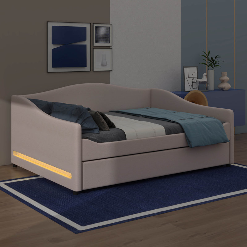 Lit de jour Teddy avec éclairage intégré et tablettes coulissantes, Beige, Double