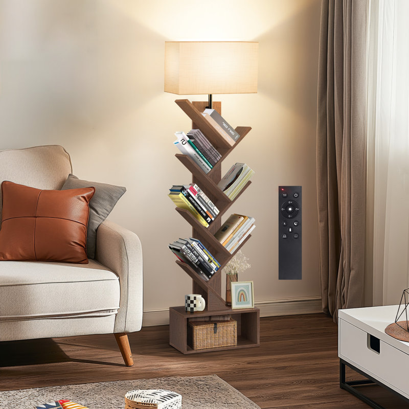 Sindel 58" Bookcase With Remote Control And Tree Floor Lamp, Walnut