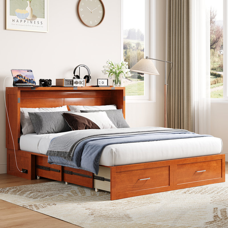 Grand lit escamotable, lit armoire intelligent avec station de charge USB et matelas à trois volets, tiroirs de rangement pour la maison